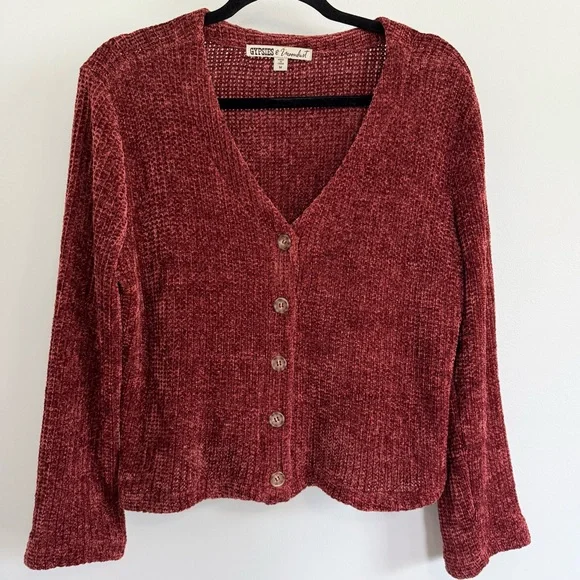 Gypsies & Moondust Burgundy Chenille Knit Button Cardigan Sweater Top - Picture 3 of 7